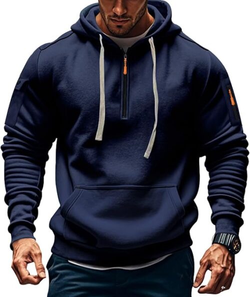 Men's Fleece Workout Athletic Pullover Hoodie Long Sleeve Basic Quarter Zip Pullover Sweatshirt with Kanga Pocket